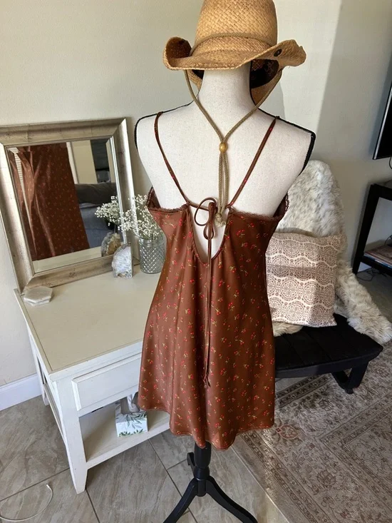 Wild fable, Brown, cherry print lace trim, slip mini dress large - Picture 5 of 11